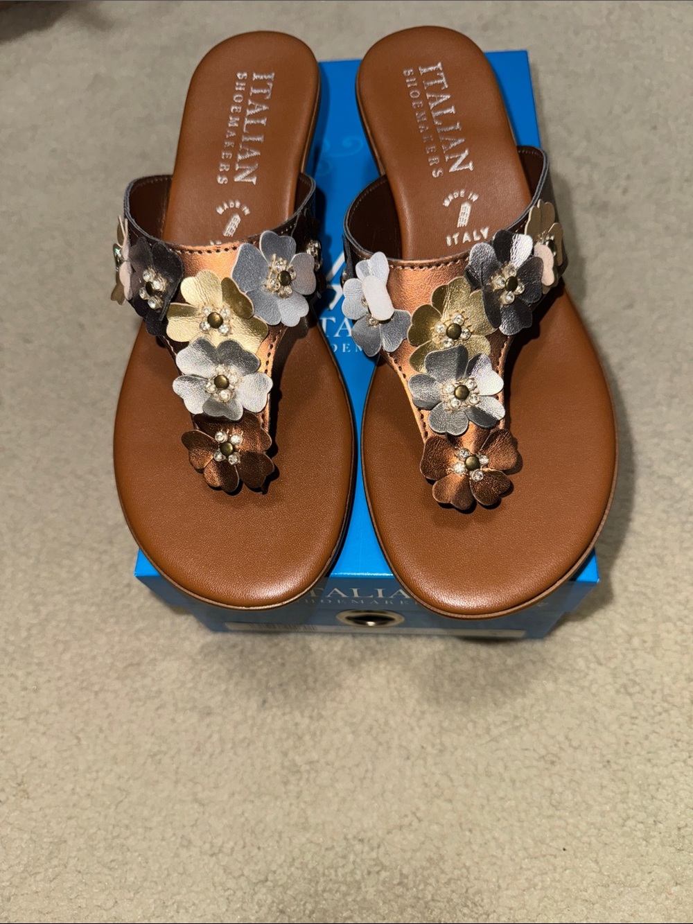 Italian Shoemakers Brown Floral Metallic Thong Sandals